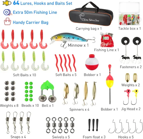 Miniatura 5 de Kit de caña de pescar para niños, caña telescópica de 59 pulgadas y carrete para principiantes con carrete Spincast, caja de aparejos, bolsa
