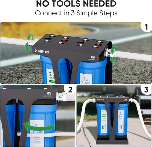 Miniatura 5 de PUREPLUS Sistema de filtro de agua de doble etapa RV con dos cartuchos y soporte de montaje, certificado NSF/ANSI 42, reduce los sedimentos