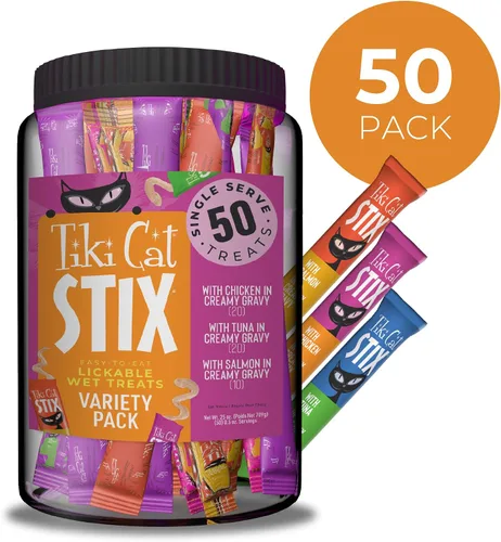Miniatura 2 de Tiki Cat Stix Mousse Golosinas, Mega Frasco Variado, Golosina Lamible Indulgente de Porción Individual o Complemento para Comida Seca, 50