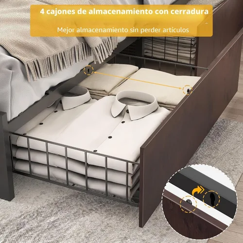 Miniatura 6 de Lifezone Base de cama Queen con cabecera de almacenamiento de 2 niveles, base de cama de plataforma de metal con 4 cajones de almacenamiento, Marrón