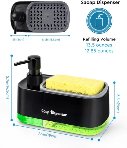 Miniatura 6 de Juego de dispensador de jabón para manos y platos para cocina, dispensador de jabón doble con soporte para esponja, dispensador de bomba de jabón 3