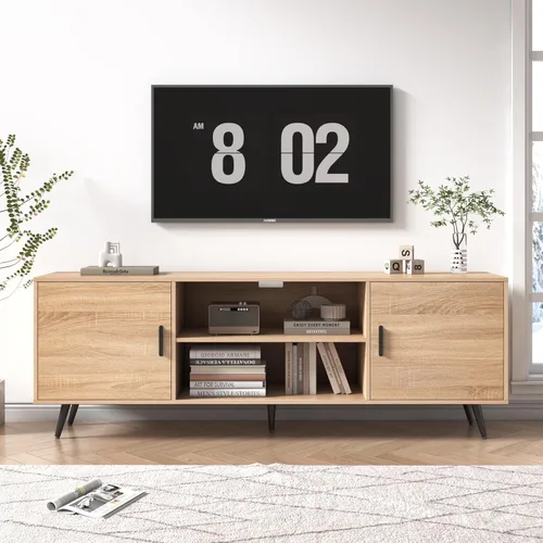 Soporte de TV moderno de mediados de siglo, 70 pulgadas para TV de 75 pulgadas, madera con almacenamiento, centro de entretenimiento para sala de