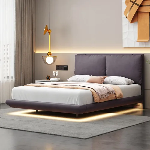 Miniatura 30 de Cama de plataforma flotante, marco de cama de madera tamaño individual con rayas claras, tela de lino suave y cabecera de diseño capitoné