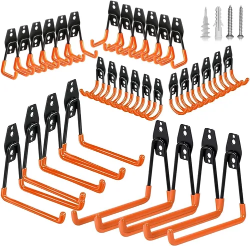 Ganchos de almacenamiento de acero para garaje, paquete de 32 unidades, revestimiento antideslizante, ganchos de pared resistentes para colgar