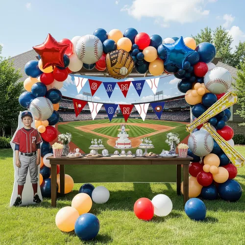 Decoraciones de fiesta de cumpleaños de béisbol y con arco de globos rojo, blanco, azul marino y nude, guantes de bate de béisbol, globos de papel