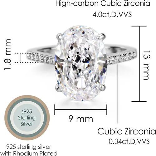 Miniatura 6 de michooyel S925 - Anillo de compromiso de circonita cúbica de corte ovalado de 4 quilates anillo de compromiso de boda de plata de ley para mujer