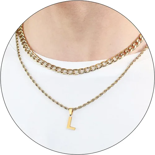 Miniatura 84 de SENRAN Collar con inicial en capas de la A a la Z para hombre, cadena de cuerda torcida de acero inoxidable de 18 a 20 pulgadas, dije de letra