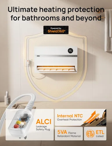 Miniatura 3 de Dreo Calentador de pared para baño, calentadores de espacio inteligentes con enchufe ALCI, 1500 W, oscilación vertical de 120°, termostato