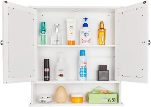 Miniatura 3 de Armario de baño con espejo, botiquín montado en la pared con puertas y estantes, gabinete de almacenamiento de baño de madera, armario sobre