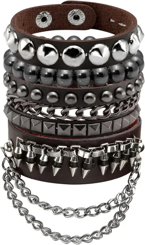 Miniatura 12 de Eigso Pulseras de cuero punk para hombres y mujeres, estilo retro de los años 80, hematita y rock, juego de pulseras de metal ajustables para hombre