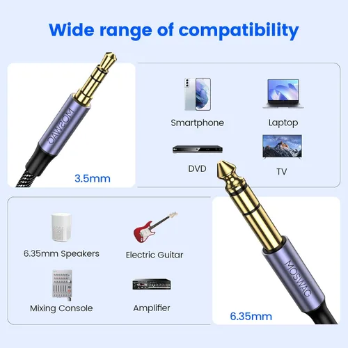 Miniatura 2 de MOSWAG Cable de audio estéreo de 0.138 in a 0.250 in de 3.28 pies, adaptador de 0.138 in a 1/4, chapado en oro de 1/4 a 1/8 TRS bidireccional