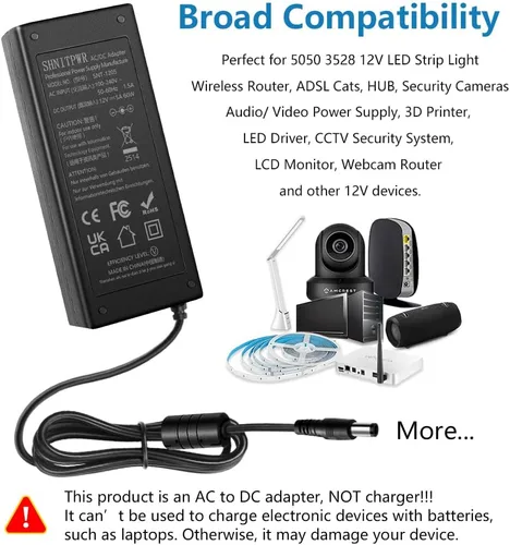 Miniatura 7 de SHNITPWR Adaptador de fuente de alimentación de 12V 5A 60W Convertidor de CA CC 100V ~ 240V a 12 voltios Transformador de 5 amperios 0.217x0.098 in
