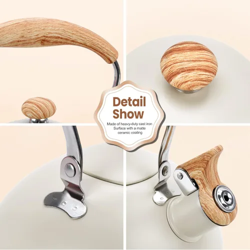 Miniatura 5 de Hervidor de Té Foedo para Estufa, Teteras Silbantes de 2.6 Cuartos para Estufa, Mango Plegable Resistente al Calor, Tetera Bonita (Beige)