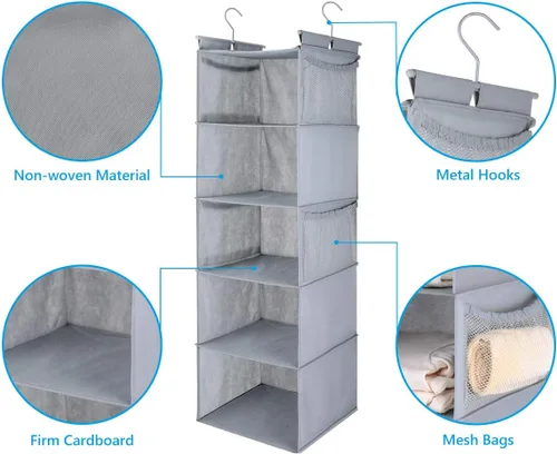 Miniatura 5 de MAX Houser Organizador colgante de armario con 5 estantes, ahorra espacio, estantes colgantes con (4) bolsillos laterales, plegable, gris claro