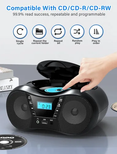 Miniatura 5 de Greadio Boombox Reproductor de CD portátil para el hogar con Bluetooth, Combo de Reproductor de CD Boom Box y Radio FM, Sonido Estéreo, Alimentado