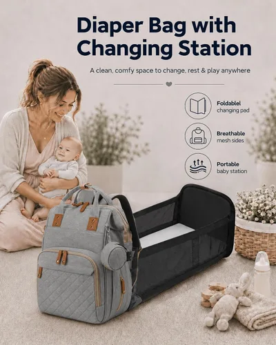 Miniatura 7 de houscly Mochila para pañales con cambiador: bolsas de bebé de viaje negras para niñas y niños, pañaleras para bebe, artículos esenciales para recién