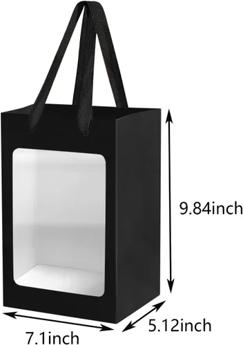Miniatura 2 de BallHull 12 bolsas de regalo de papel kraft negro con ventana transparente, bolsas de compras kraft de 9.84"x7.0"x5.12" con asas para ramos