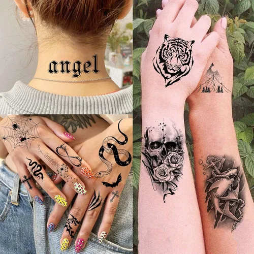 Miniatura 7 de Bilizar 63 hojas de tatuajes tribales temporales de lobo, león, tigre para hombres, mujeres, adultos, aterradores tatuajes temporales de calavera