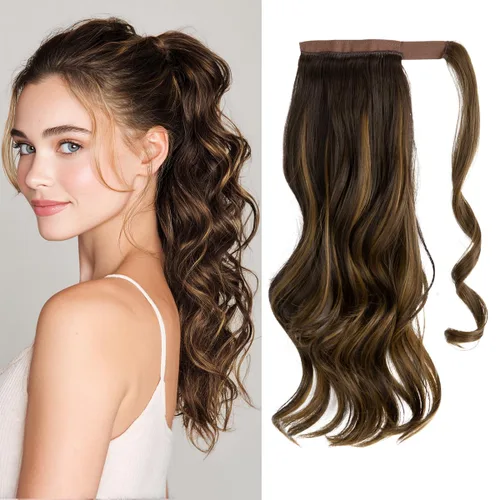 Miniatura 24 de CJL HAIR Extensión de cola de caballo de 18 pulgadas con cabello rizado y ondulado, clip de cola de caballo, peluca sintética falsa para mujeres