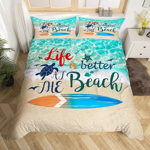 Miniatura 16 de Erosebridal Funda de edredón náutica para niños y niñas, juego de ropa de cama azul y blanco oceánico, funda de edredón de tabla de surf Hawaii