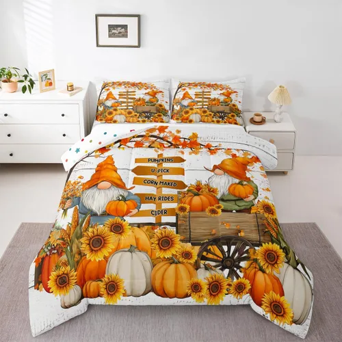 Miniatura 18 de Erosebridal Juego de edredón individual de pavo de Acción de Gracias, juego de ropa de cama de calabaza con hojas de otoño para niños y adultos