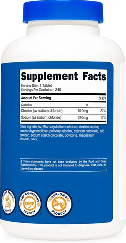 Miniatura 5 de Nutricost Cloruro de sodio 1000 mg, 240 tabletas - Tabletas de sal, sin OMG, sin gluten