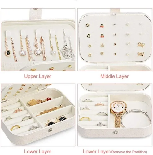 Miniatura 5 de Joyero de viaje para mujeres y niñas, pequeño organizador de joyas para aretes, anillos, collares, pulseras, estuche de joyería de doble capa