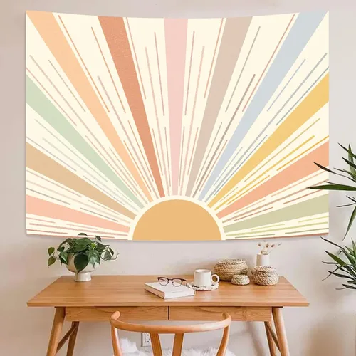 Miniatura 3 de Kanuyee Tapiz de Sol bohemio para colgar en la pared, diseño retro de los años 70, diseño abstracto a rayas, estético, amanecer, vintage