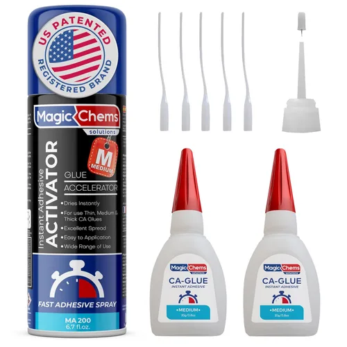 Magic Chems - Pegamento CA con kit activador (2 pegamento de 0.8 onzas + activador de 6.7 onzas líquidas), adhesivo de cianoacrilato para impresión