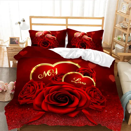 Miniatura 25 de AILONEN - Juego de funda de edredón tamaño individual, diseño de corazones para parejas, juego de ropa de cama rojo y negro, diseño "Yo y tú", juego