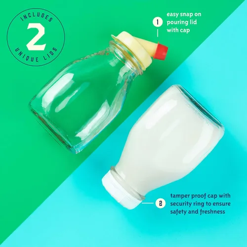 Miniatura 5 de kitchentoolz Botella de leche de vidrio de 16 onzas con tapa y boquilla de vertido, recipiente pequeño para crema de vidrio para refrigerador