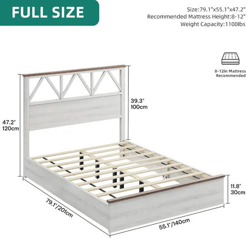 Miniatura 2 de YITAHOME Marco de cama tamaño completo con cabecera de 47.2'', plataforma de marco de cama de madera rústica con listones, resistente y silencioso