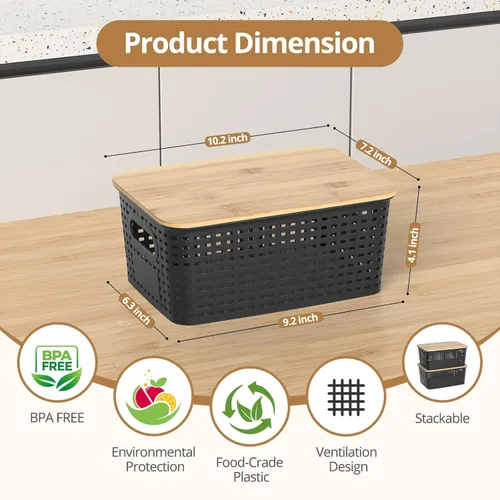 Miniatura 2 de Cestas de almacenamiento de plástico con tapas de bambú, contenedores pequeños apilables para organización y contenedores para estantes, cajones
