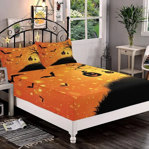 Miniatura 8 de XISUNYA Juego de sábanas decorativas tamaño Queen, juego de sábanas bajeras y 2 fundas de almohada con bolsillos profundos de Halloween