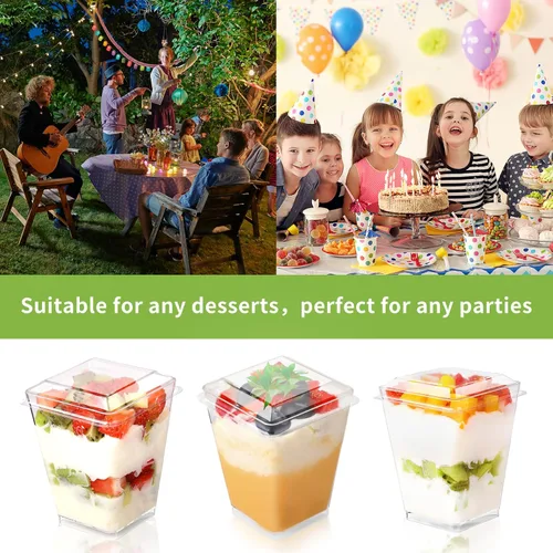 Miniatura 6 de Paquete de 100 Vasos de Postre de Plástico de 5 oz con Tapas y Cucharas, Vasos de Parfait de Yogur y Aperitivos para Fiestas, Mini Vasos de Postre