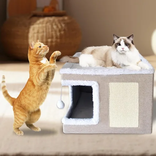 Miniatura 7 de Cama para gatos de interior, casa cubo, cama grande cubierta para gatos, cueva y muebles con bola esponjosa y almohadilla para rascar, nido