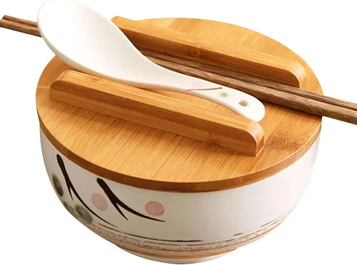 Miniatura 8 de WHJY Cuenco de cerámica negro con tapa, cuchara, palillos para sopa, arroz, fideos. Vajilla de estilo tradicional japonés.