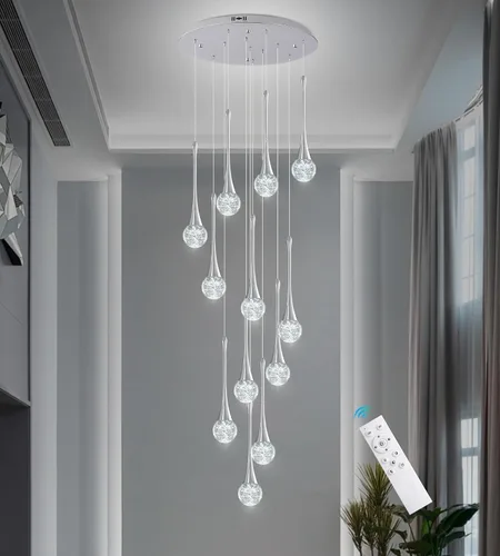 Miniatura 32 de Moderno candelabro de cristal de 7 luces, color negro, H60 pulgadas, techo alto, espiral, regulable, LED, burbuja, gota de lluvia, lámpara