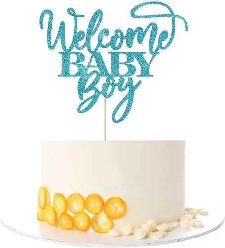 Kaoenla Decoración para pastel de bienvenida de bebé niño con purpurina azul, decoración de fiesta de revelación de género para recién nacidos