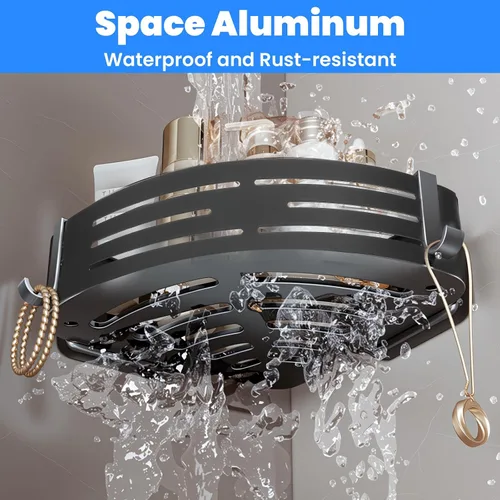 Miniatura 6 de Ventosa de esquina para ducha, aleación de aluminio inoxidable con 4 ganchos, no requiere perforación, estante de almacenamiento extraíble e