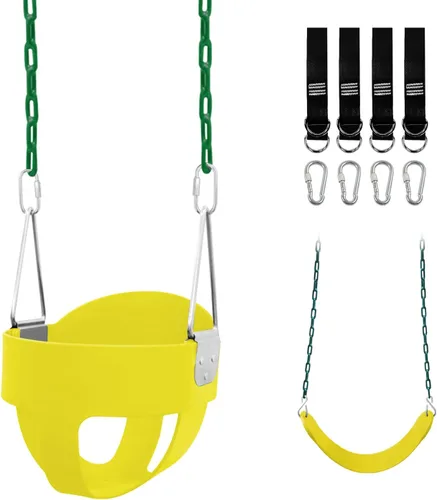 Miniatura 8 de Juego de columpio para niños pequeños para exteriores - Asiento de respaldo alto con cubo completo con 4 correas colgantes y ganchos para niños