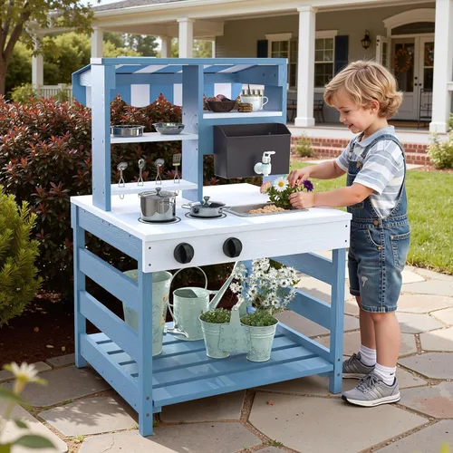 Miniatura 8 de BRINJOY Juego de cocina para niños, juego de cocina de barro de madera al aire libre con 2 fregaderos extraíbles y tubo rociador, cocina de juego