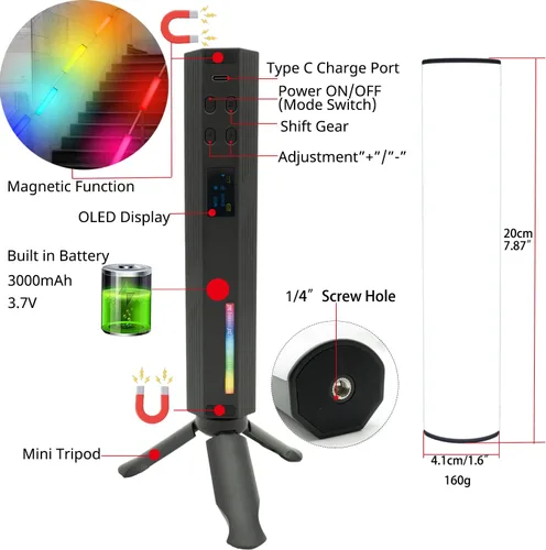 Miniatura 5 de Paquete de 2 varitas de luz RGB de mano W200, iluminación LED, luz de mano, luz de fotografía, Vlog con magnético CRI95+ 2500K-9000K batería