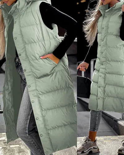 Miniatura 4 de Grlasen Chaleco largo acolchado con capucha para mujer, manga larga, con botones, chaleco acolchado de algodón, abrigo de invierno