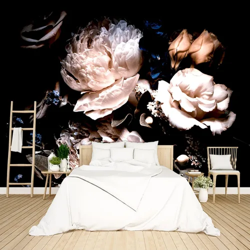 Miniatura 19 de Papel tapiz floral de peonía negra para dormitorio, flores botánicas moradas, hojas murales para sala de estar, fondo de TV, mural grande