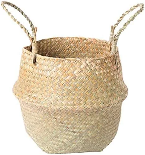 Miniatura 8 de INSO Cesta tejida natural para el vientre, para pícnic y comestibles. Cesta plegable de almacenamiento de algas marinas con asas para plantas