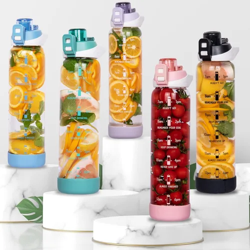 Miniatura 7 de Botella de agua deportiva de vidrio de 32 onzas con popote y marcador de tiempo, botella de vidrio motivacional reutilizable grande para agua Rosa