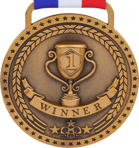 Miniatura 8 de Medallas de bronce dorado y plateado para premios de trofeo del 1er 2º y 3er lugar, acabado brillante o antiguo con cinta de satén roja, blanca