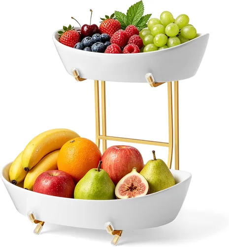 Miniatura 12 de Cuencos de frutas para encimera de cocina, no requiere montaje, cuencos de porcelana de 2 niveles con soporte de metal, cesta de frutas escalonada