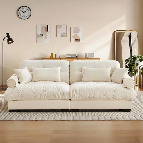 Miniatura 20 de Reposapiés Otomano Tapizado de Terciopelo con Cojín para Sofá Seccional Sofá 300 libras para Sala de Estar (Beige)
